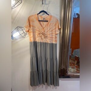 OOAK Upcycled Orange and Sage green  Tie-Dye Maxi Dress has pockets!